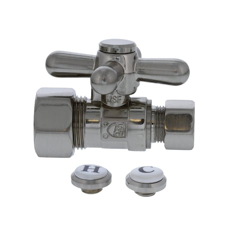 Jones Stephens 5/8in OD Comp x 3/8in OD Comp Quarter-Turn Straight Supply Stop Valve, Cross Handle, Brushed Nickel S4303BN